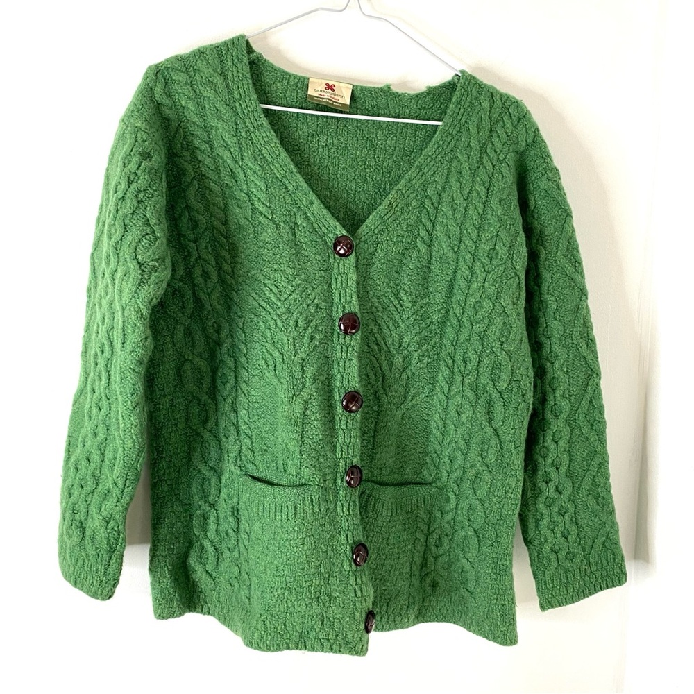 Carraig Donn Vintage Irish Merino Wool Cardigan Green Tree Knit Sweater V Neck
